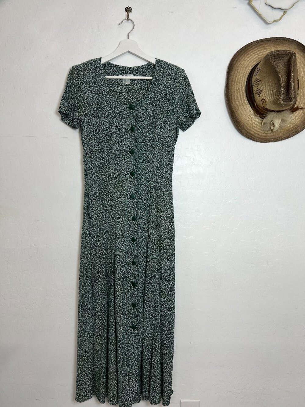 Vintage 90s Rampage Floral Maxi Dress Womens 7 Green Rayon Button Front Grunge